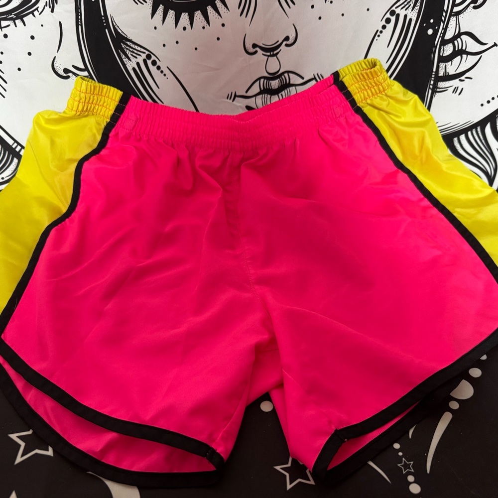 Neon Pink & Yellow Women's Athletic Shorts with Black Trim